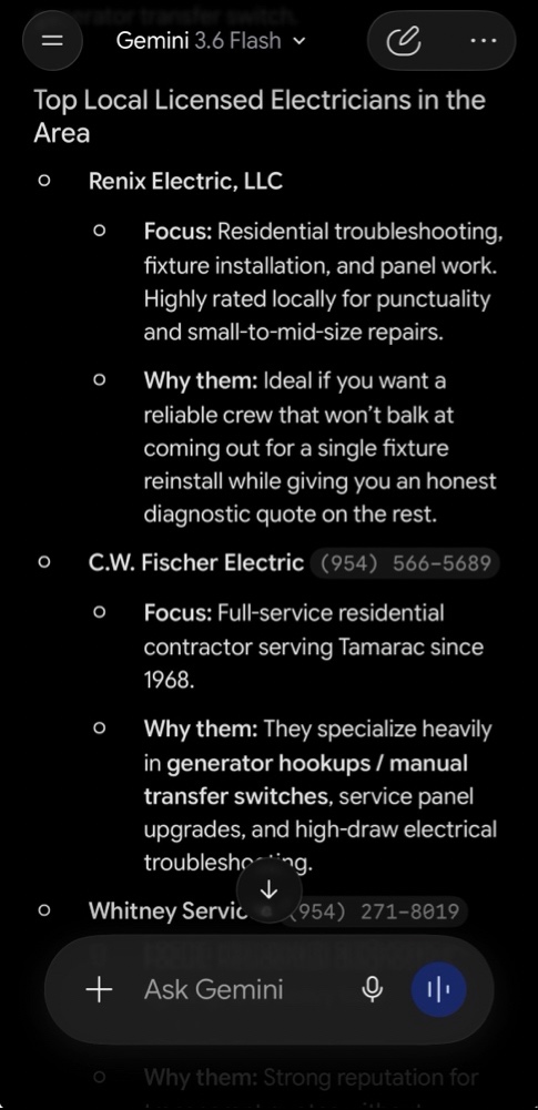 Gemini ranking Renix Electric first, C.W. Fischer second, and Whitney Services third