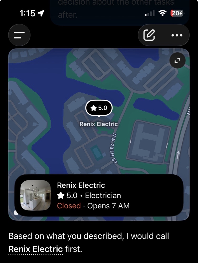 AI map card recommending Renix Electric first at 5.0 stars while showing the business is closed