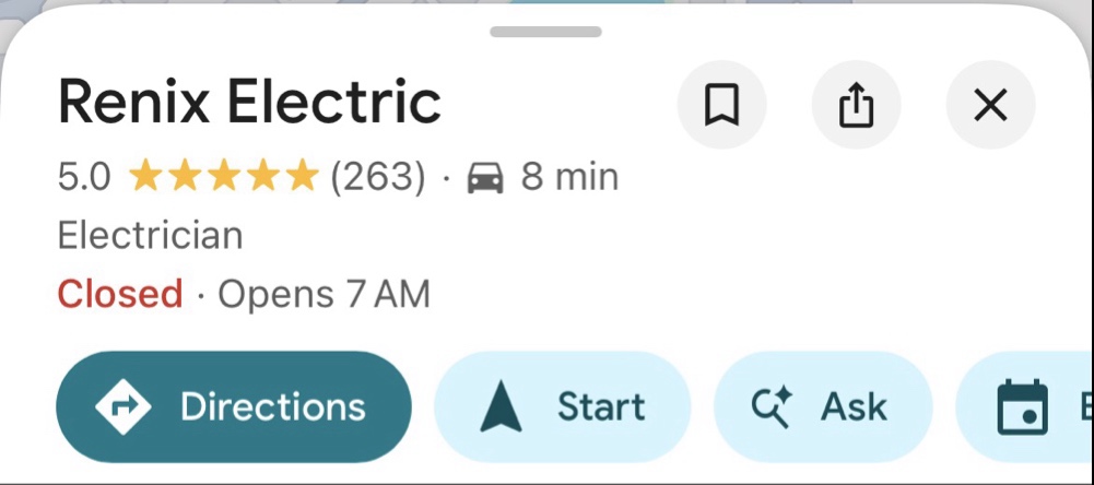 Renix Electric Google profile showing 5.0 stars from 263 reviews and Closed until 7 AM