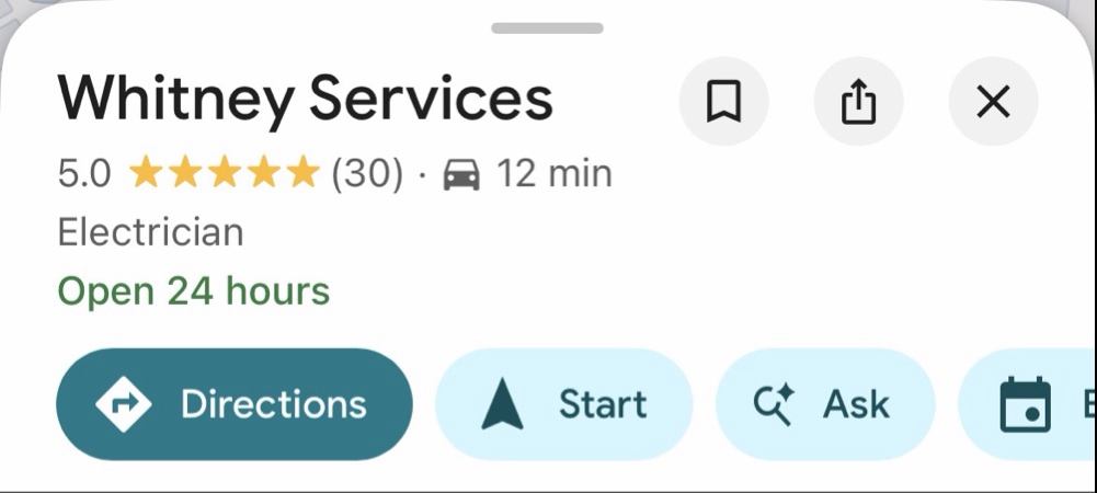 Whitney Services Google profile showing 5.0 stars from 30 reviews and Open 24 hours