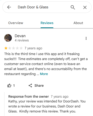 Devan leaving a mistaken 1-star DoorDash review on Dash Door