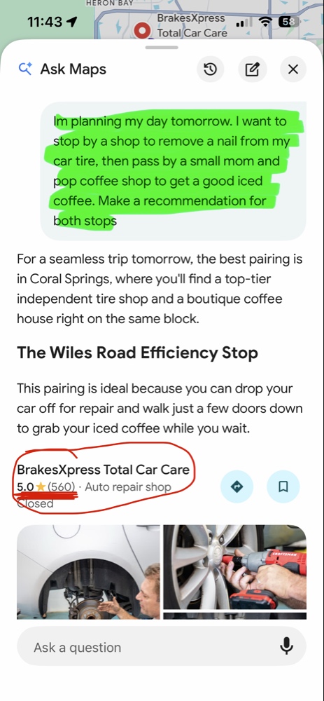 Google Maps AI tire shop recommendation showing 5 stars and 560 reviews