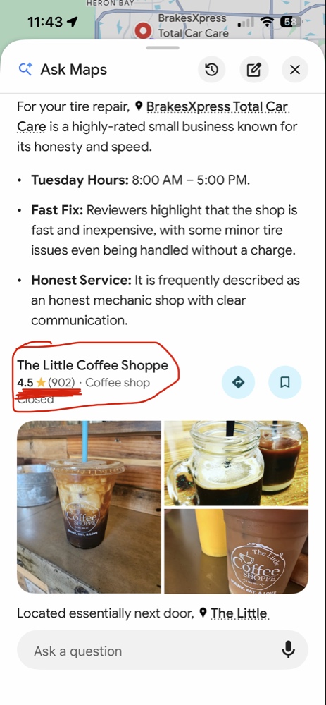 Google Maps AI coffee shop recommendation highlighting customer review keywords